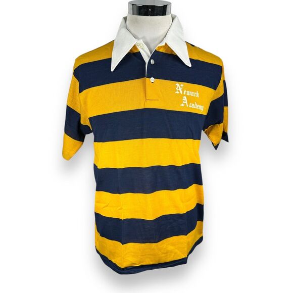 Vintage Velva Sheen Newark Academy School Polo Shirt Mens XL 1970s Yellow Blue - Picture 1 of 9